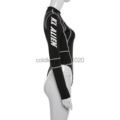 2025 Women Sexy Mesh Patchwork Letter Print Bodysuit Fashion Balck Patchwork Long Sleeve O-Neck Fitness Tops Wild Streetwear