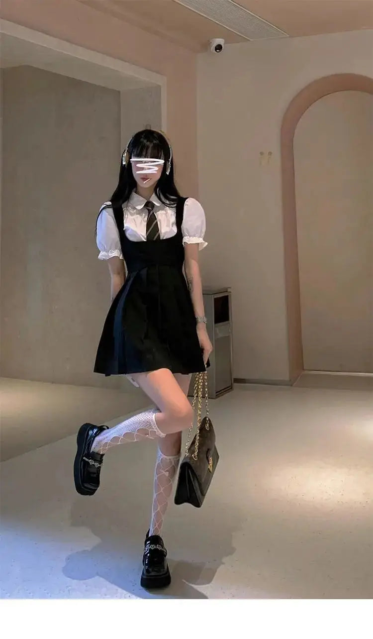 2025 korea japan style female summer fashion style jk uniform halter pleated skirt bubble short sleeve shirt two piece sets g823