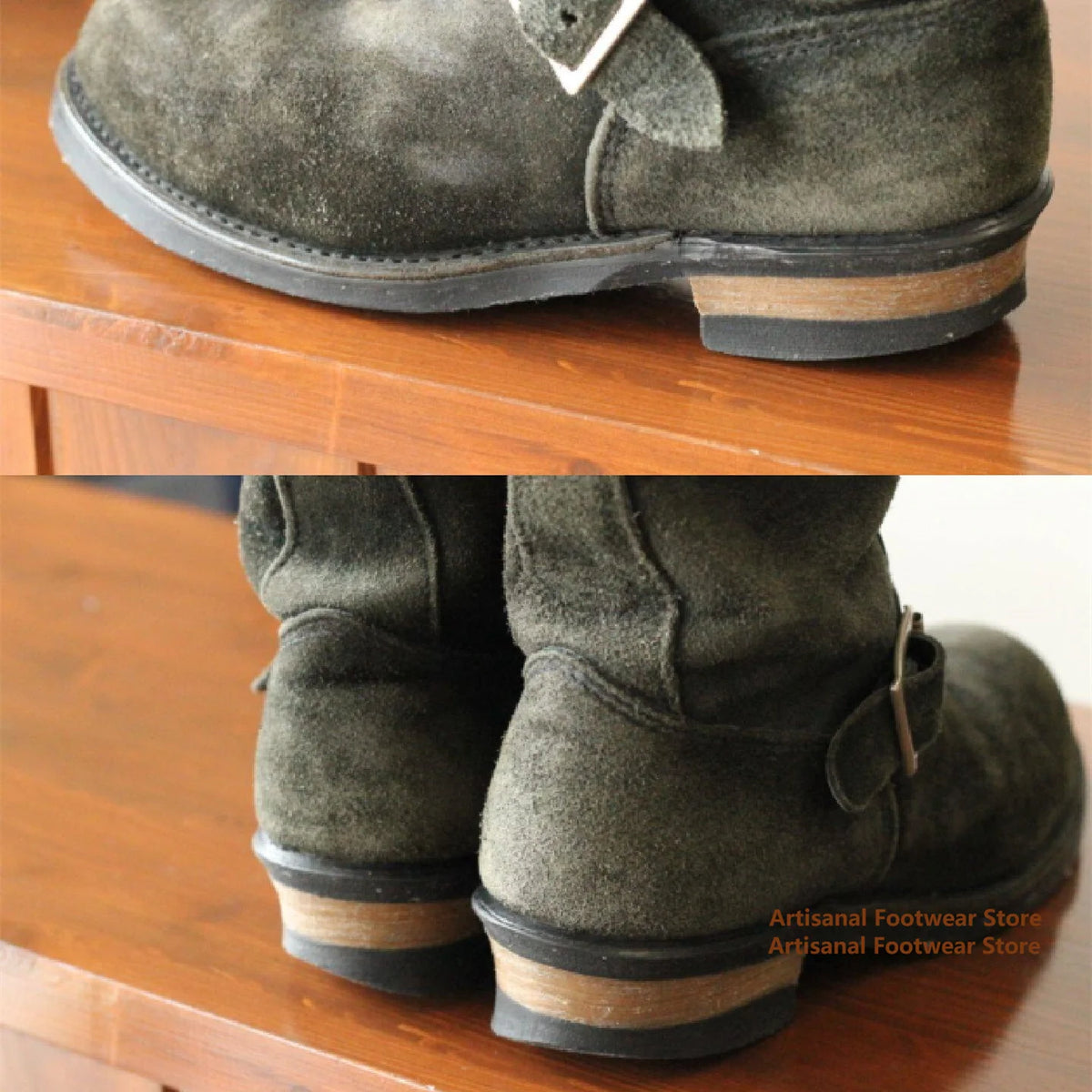 Dark Green Suede Men's Boots Thick Heeled Buckle Strap Motorcycle Boots Knight Boots British Style Trendy Handmade Men's Boots
