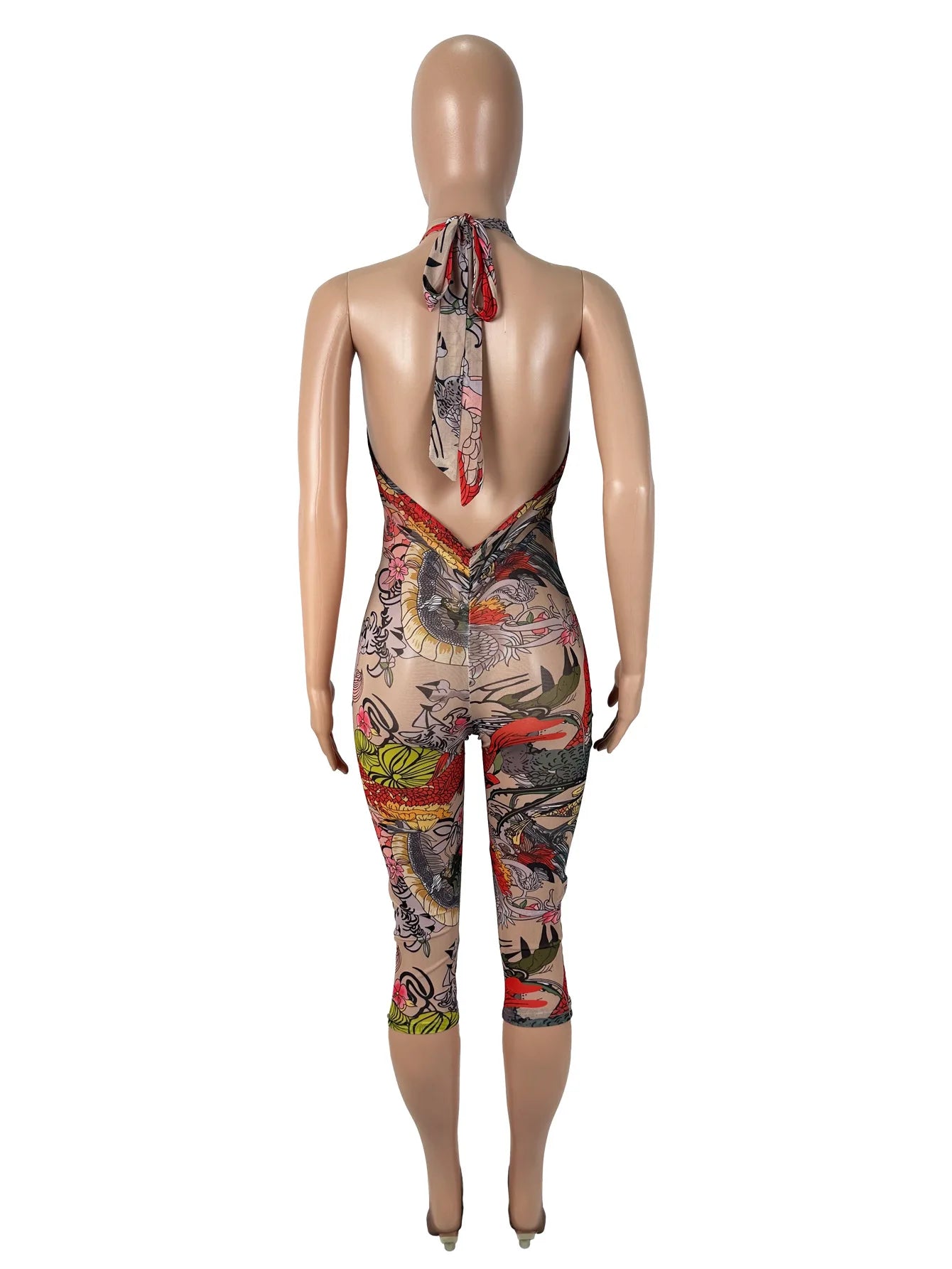 Sheer Mesh Print Transparent Sexy Bodycon Backless Jumpsuit Women Sleeveless Summer Rompers Jumpsuits for Women Playsuit
