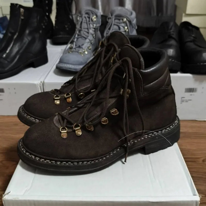 Men's Suede Leather Motorcycle Boots Rivet Mountaineering Shoes Lace-Up Metal Outdoor Mid-calf Western Hiking Boots