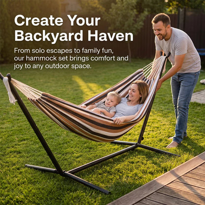 Collapsible Steel-Frame Striped Hammock—Outdoor/Indoor Hammock with a Sturdy Steel Frame, Perfect for Camping, Patios, Balconies, and Backyards—Portable Hammock, Hammock with Stand, Bedroom Hammock, Living Room Hammock, P