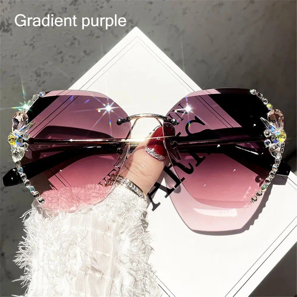 Vintage Cutting Lens UV400 Women Sun Glasses Gradient Rimless Sunglasses Rhinestone Sunglasses