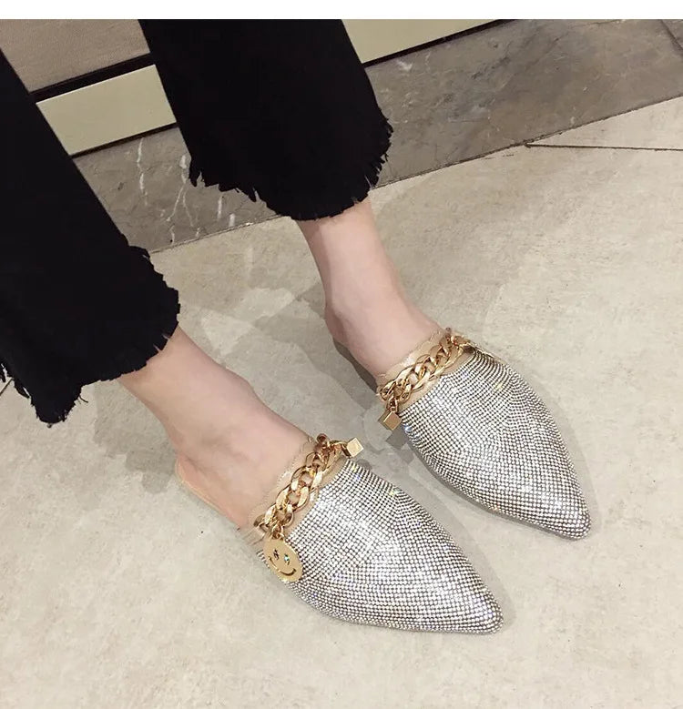 2025 New Summer Shoes for Women Luxury Slipper Girl Bling Crystal Chain Casual Flat Sandals Girl Pointed Toe Slides