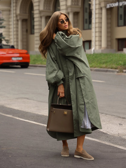 Women's Brown Stand Up Collar Long Long Trench Coat  Lantern Sleeve Side Slit Loose Windbreaker 2026 Spring Autumn Fashion Coat
