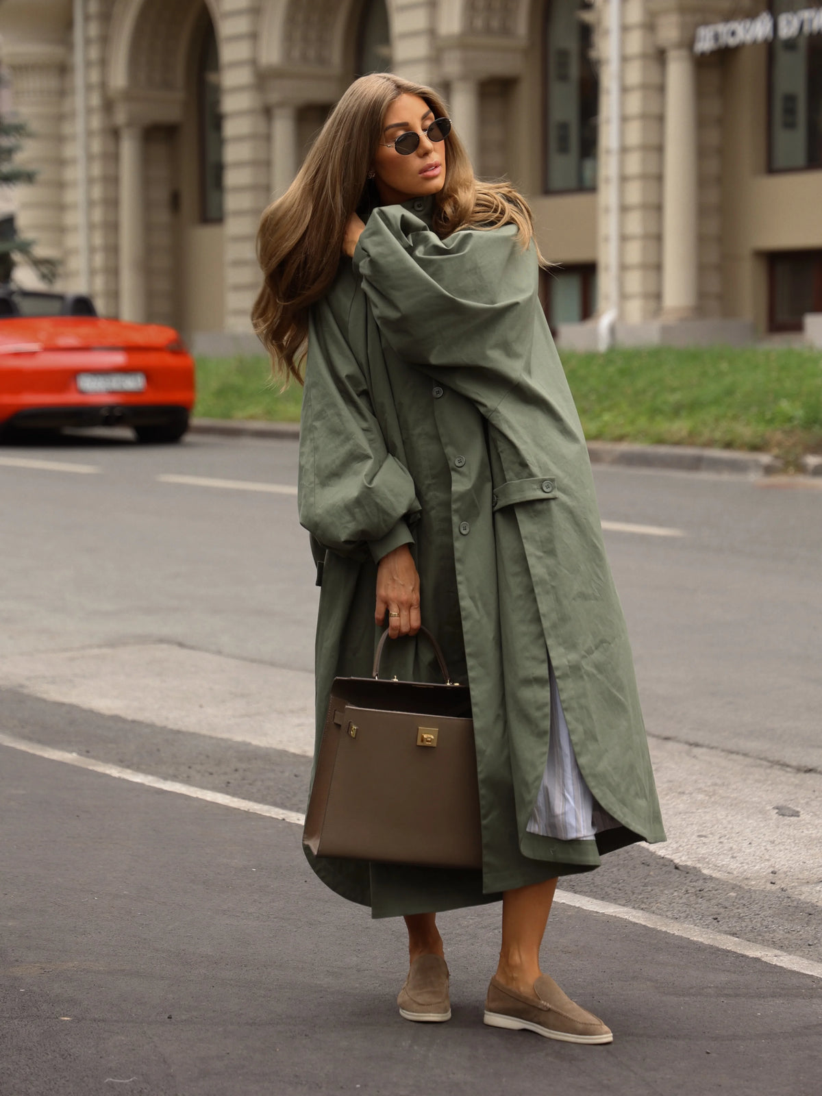 Women's Brown Stand Up Collar Long Long Trench Coat  Lantern Sleeve Side Slit Loose Windbreaker 2026 Spring Autumn Fashion Coat