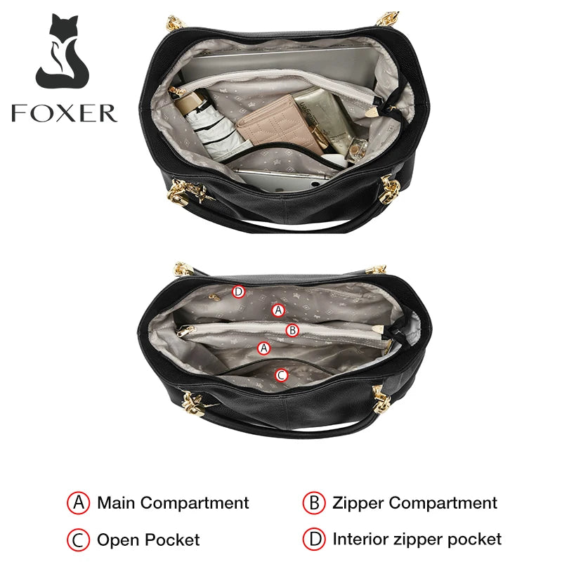 FOXER 2026 New Women's Shoulder Bag Genuine Leather Elegant Female Tote Large Bag Fashion Handbag Commuter Luxury Gift