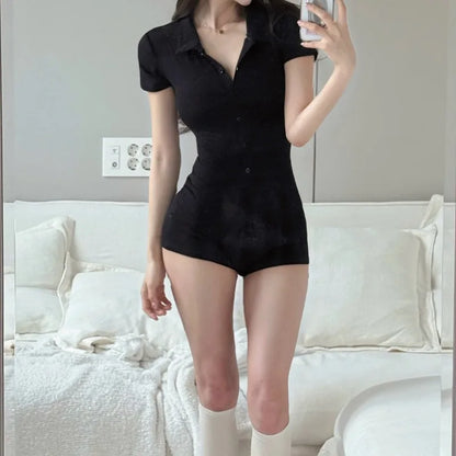 AltGoth Sexy New Fashion Playsuit Women Aesthetic Cyber Punk Dark Gothic Solid Color Short Sleeve Turn Down Collar Rompers Femme