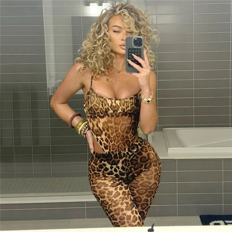 Shestyle Leopard Mesh Sexy Women Two Piece Sets Spaghetti Strap Bodysuit Flare Pants Sheer Brown Sexy Clubwear Waistless Outfit