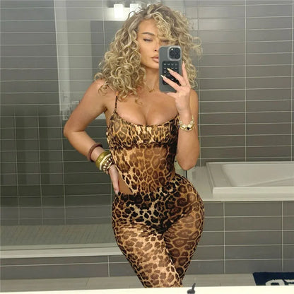 Shestyle Leopard Mesh Sexy Women Two Piece Sets Spaghetti Strap Bodysuit Flare Pants Sheer Brown Sexy Clubwear Waistless Outfit