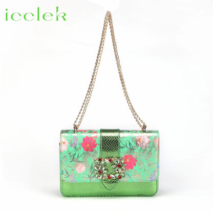 Newest Green Color Print Design High Heels Decorated with Water Rhinestone Party Women's Shoes and Bags Set