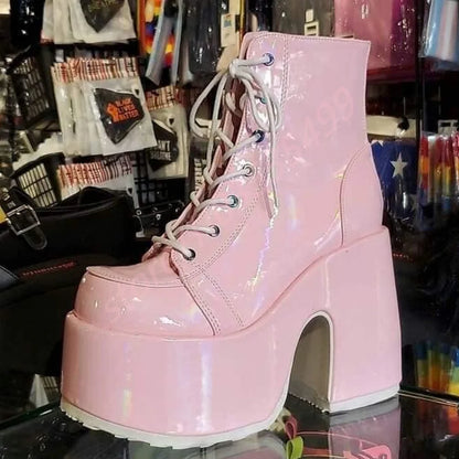 Thick Sole Round Toe Punk Party Boots 2025 New Street Rock Lace-Up Motorcycle Boots Fashion 34-48 Thick High Heel Ankle Boots