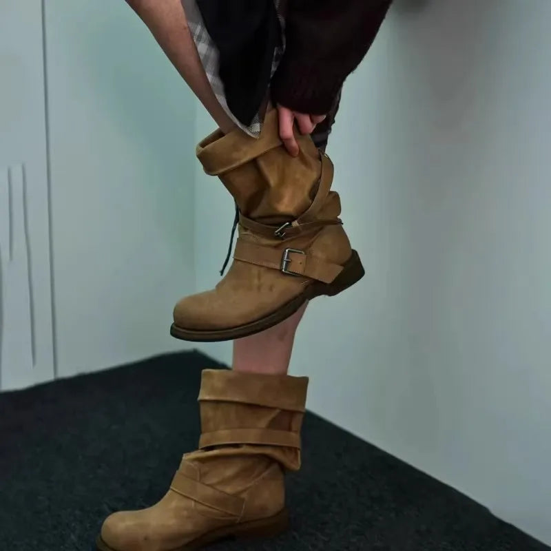 Retro Weathered Knight Boots Belt Bule Chunky Heel Mid-Calf Women's Boots Cowhide Leather Slimming Booties for All-Season Wear