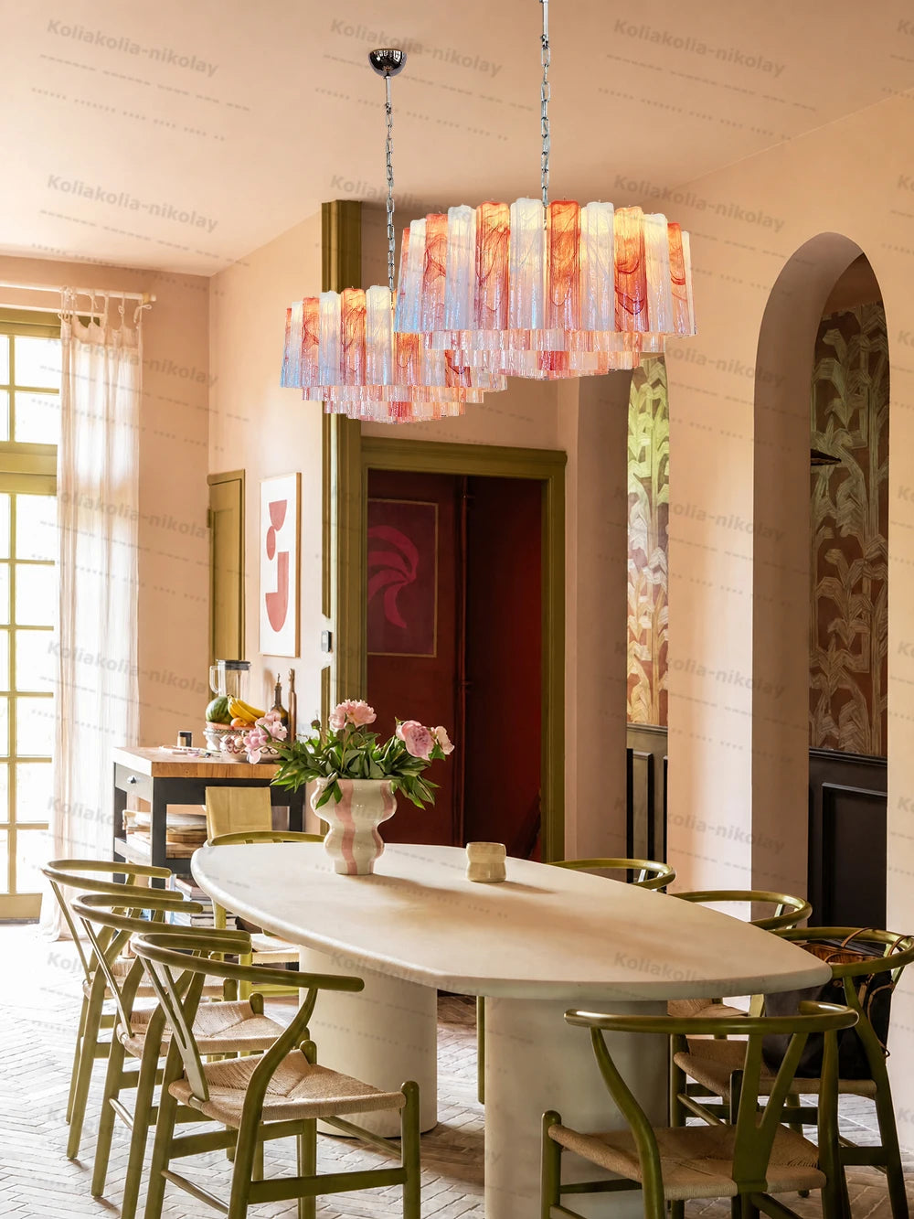 The Pink Love Glass Art Round 50-100cm Dimmable LED Chandelier Hanging Lamps Lustre Suspension Luminaire Lampen For Living Room