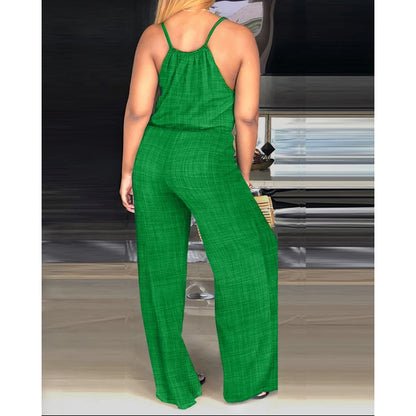 Women's Casual Solid Color Wide Leg Straight Overalls Summer Sleeveless Spaghetti Strap Drawstring Waist Jumpsuits