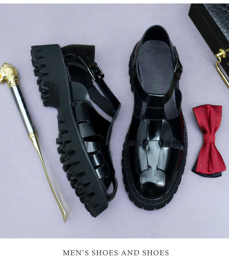 4.5Cm Thick Sole Heightening Sandals Men's Glossy Cowhide Buckle Business Casual British Genuine Leather Summer Sandals for Men