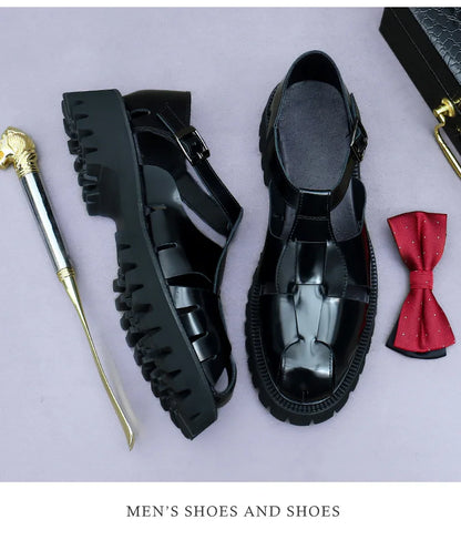 4.5Cm Thick Sole Heightening Sandals Men's Glossy Cowhide Buckle Business Casual British Genuine Leather Summer Sandals for Men