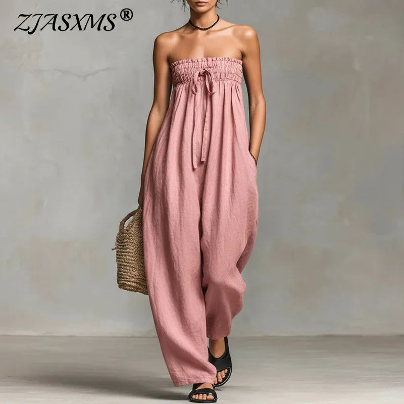 Bohemian Casual Solid Wide Leg Pants Jumpsuit Woman Spring Sexy Strapless Backless Hollow Rompers Summer Lace-up Draped Overalls