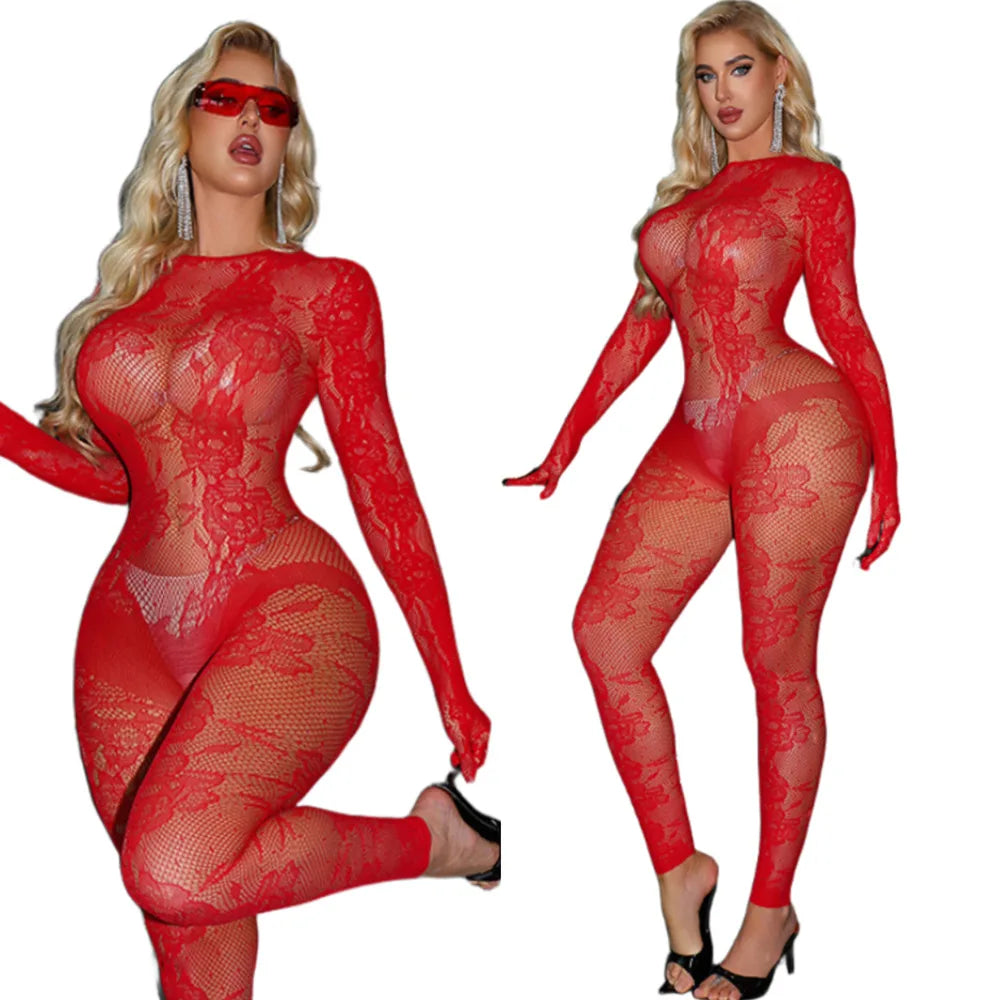 Sexy Long Sleeve Bodysuit Women Black Floral Lace See Through Backless Sheer Mesh Jumpsuit Slim Bodycon Lingerie Exotic Apparel