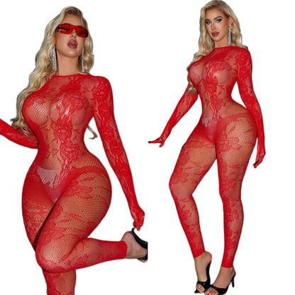 Sexy Long Sleeve Bodysuit Women Black Floral Lace See Through Backless Sheer Mesh Jumpsuit Slim Bodycon Lingerie Exotic Apparel