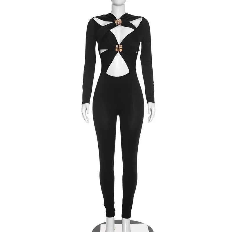 FLARORA Sexy Hollow Out Jumpsuits Woman Trend Metal Buckle Decoration Full Sleeve Skinny Peach Hip Party Club Street Overalls