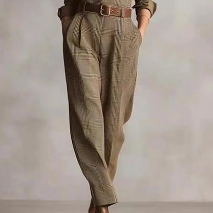 Vintage Plaid Print High Waist Jumpsuits Woman Elegant Shirt Collar Button Slim Bodysuit Fall Long Sleeve Pocket Romper Overalls