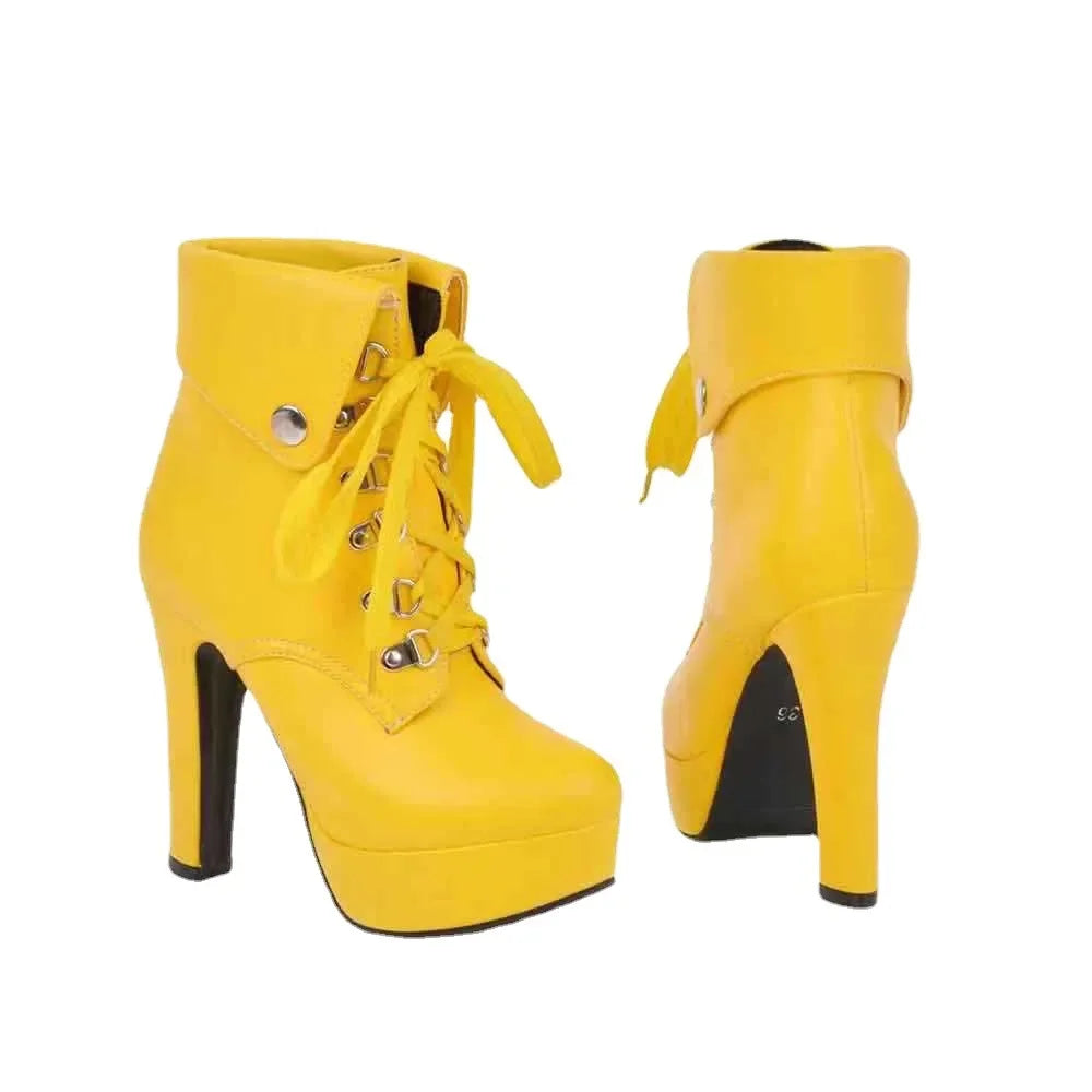 Autumn Waterproof Platform Chunky White High Heels for Women Solid Color Round Head Front Lace-up Low Leg Punk Rivet Ankle Boots