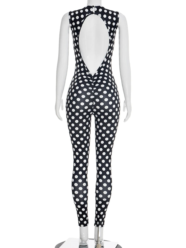 Yomesugar 2026 Summer Women's Polka Dot Printed Backless Jumpsuits Sexy Square Collar Sleeveless Skinny Rompers Party Clubwear