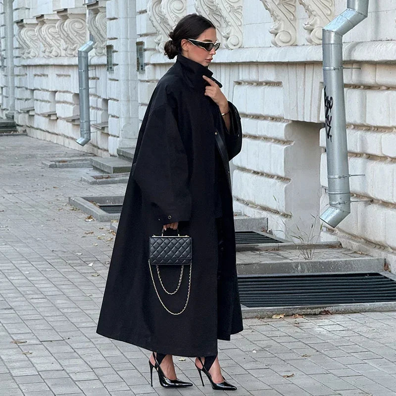 Black Stand Collar Trench Coat Women Casual Long Sleeve Single-breasted Loose Windbreaker 2026 Lady Autumn High Street Outwear