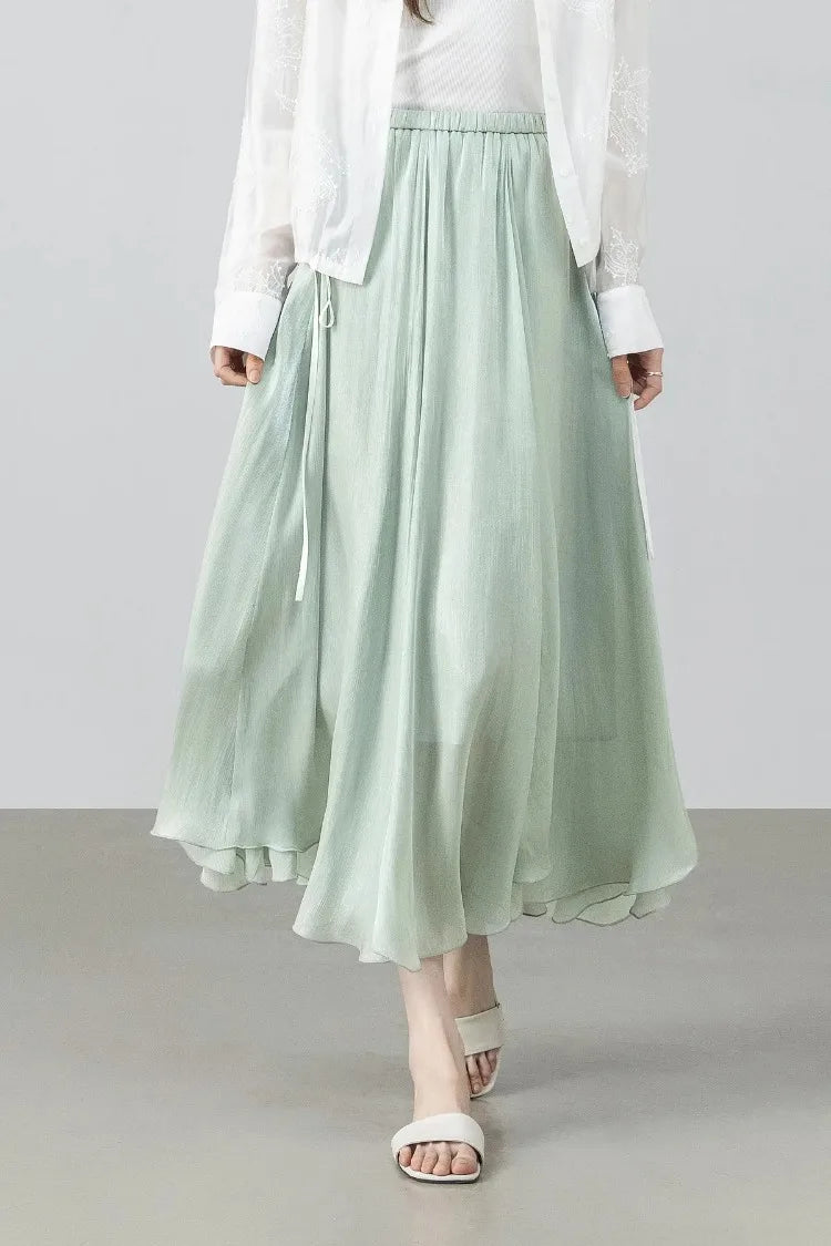 SENTUBILA Women's Summer Skirt 2026 Elegant Elastic Waist Sheen Flowy A Line Long Skirt for Woman Ladies Clothes 162QG4909