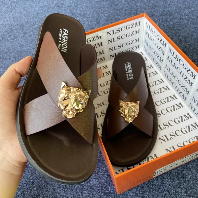 size38-48 original shoes brand summer leather slides for man black brown fashion shoes for mens slippers business beach slippers