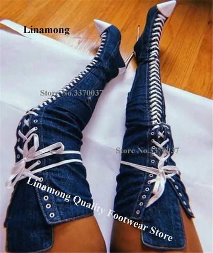Linamong Blue Black White Denim Patchwork White Stiletto Heel Over Knee Boots Pointed Toe Lace-up Slim Thin Heel Long Boots