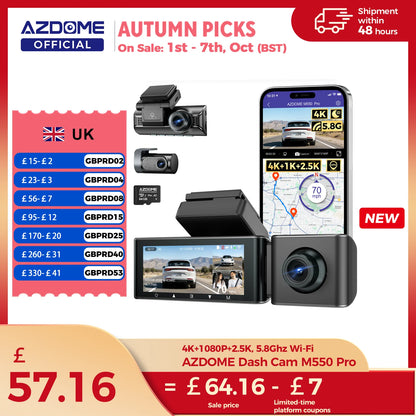 AZDOME M550 Pro Dash Cam Car DVR 5.8Ghz WiFi 3.19" IPS 2 or 3 Channel Dash Camera GPS Night Vision Dual 4K+1080P Parking Monitor