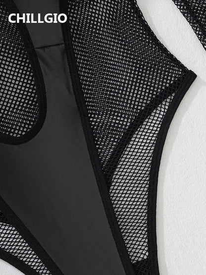 CHILLGIO Sexy Tranparent Mesh PU Women Rompers Bodycon One Piece Combination Onesie Fashion Streetwear Hollow Catsuit Hot Tights