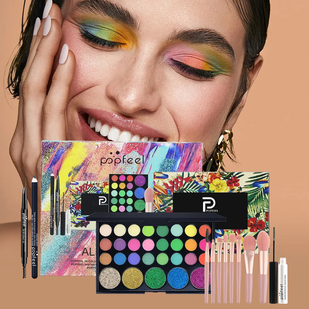 Essential Eye Makeup Set for Beginners Matte&Shimmer Eyeshadow Palette, Mascara, Eyebrow Pencil, Lip Eyeliner,Brush Tool Set Box
