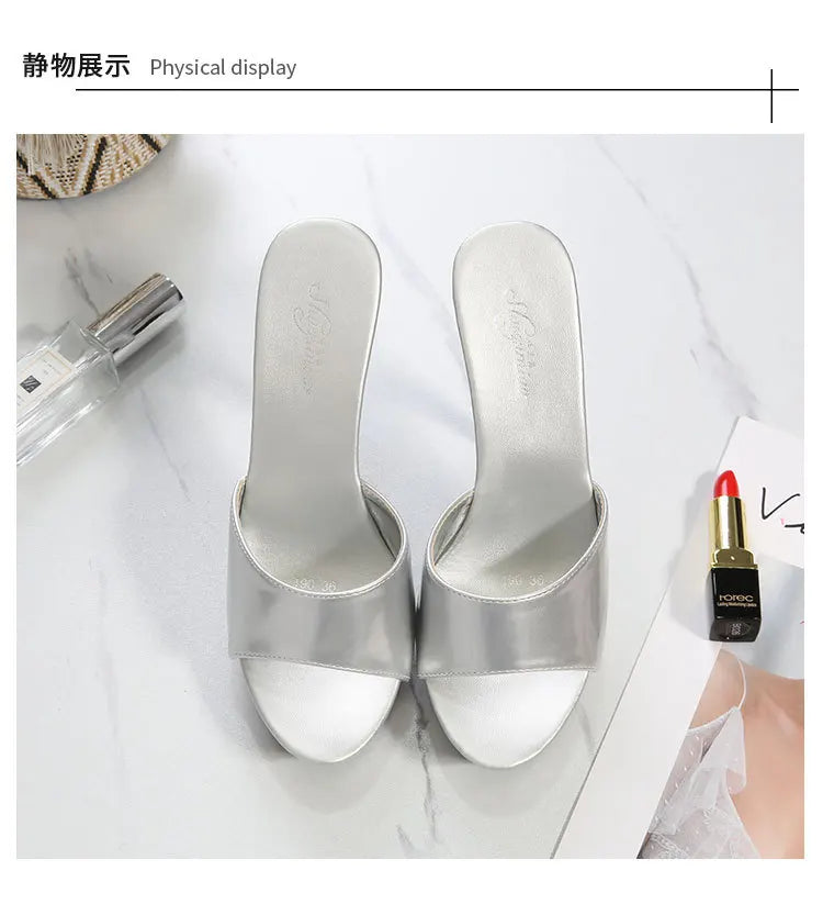 13CM Woman Slippers Mule Patent Leather Sandals Sexy Fashion Slides Party Shoes for Women Luxury Black Summer Platform Sandals