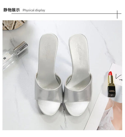13CM Woman Slippers Mule Patent Leather Sandals Sexy Fashion Slides Party Shoes for Women Luxury Black Summer Platform Sandals