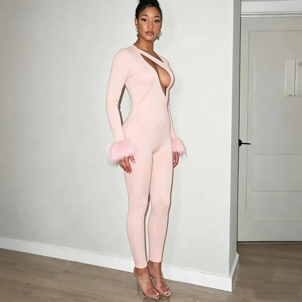 FLARORA Sexy Hollow Out Jumpsuits Woman Faux Fur Patchwork Skew Neck Full Sleeve Backless Skinny Peach Hip Party Club Overalls