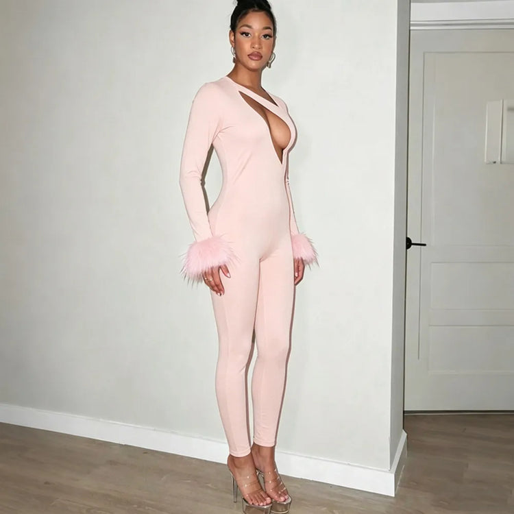 FLARORA Sexy Hollow Out Jumpsuits Woman Faux Fur Patchwork Skew Neck Full Sleeve Backless Skinny Peach Hip Party Club Overalls