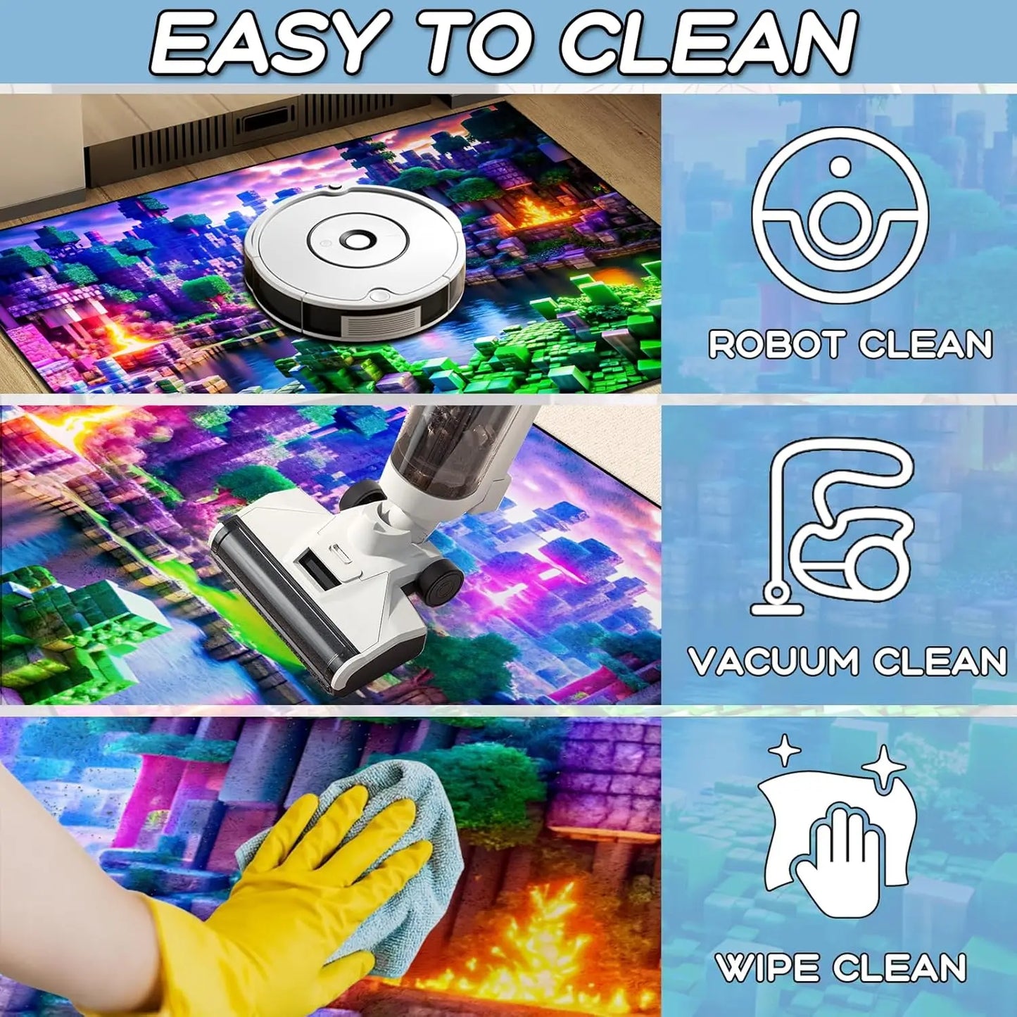Neon Voxel World Print Area Rug, Colorful Blocky Pixel Scene Floor Mat for Gaming Room, Bedroom, Non-Slip Washable Carpet