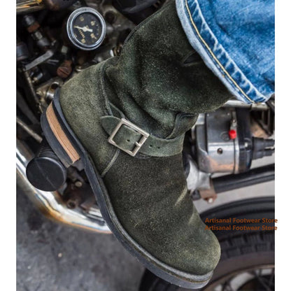 Dark Green Suede Men's Boots Thick Heeled Buckle Strap Motorcycle Boots Knight Boots British Style Trendy Handmade Men's Boots