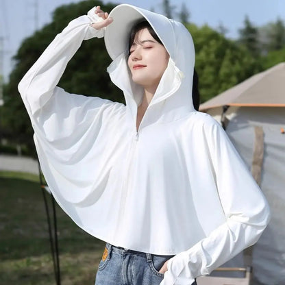 Solid Color Sunscreen Hoodie Long Sleeve Large Brim Hat Summer Sunscreen Shawl Thin Arm Sleeves Ice Silk Short Jacket Running