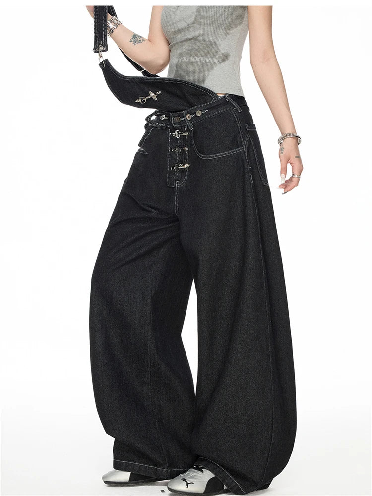 Women's Detachable Black Overalls Street Jumpsuits High Waist Casual Baggy Pants Wide Leg Sweatpants Straight Unisex Trousers