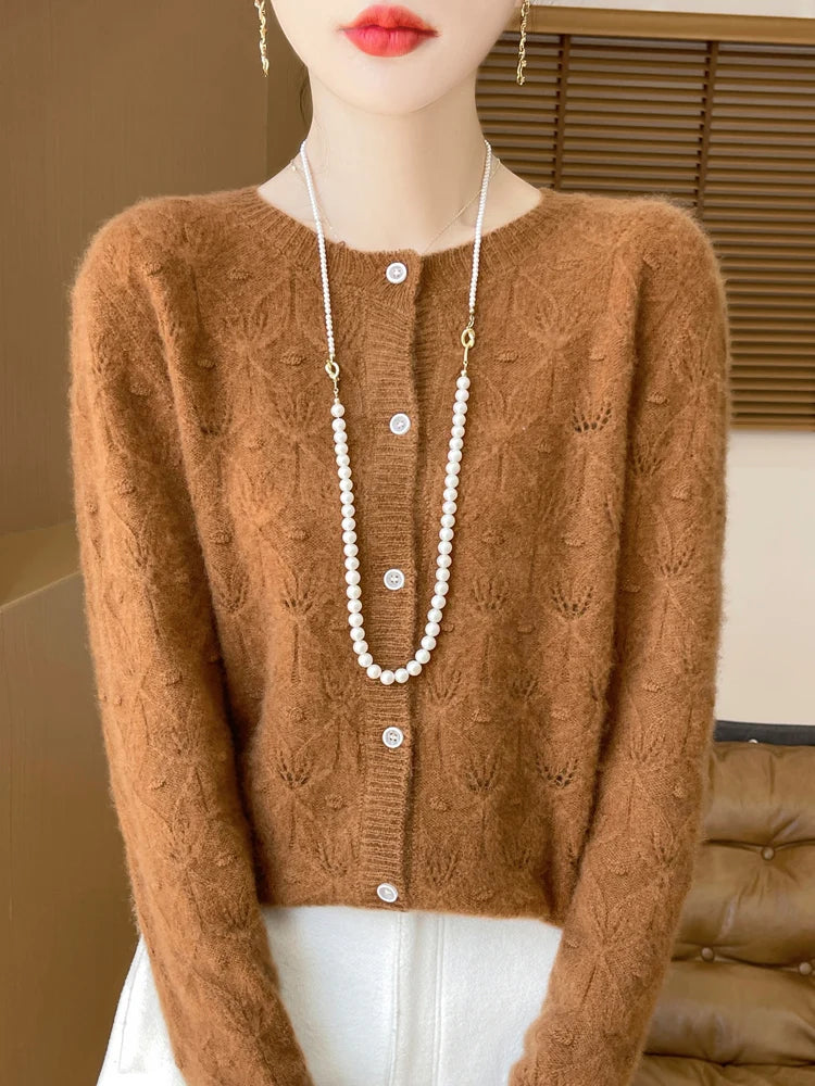 New Autumn Winter Soft Warm Cardigan Woman Cashmere Sweater O-neck Women 100% Merino Wool Sweater Loose Fit Hollow out Top Coat