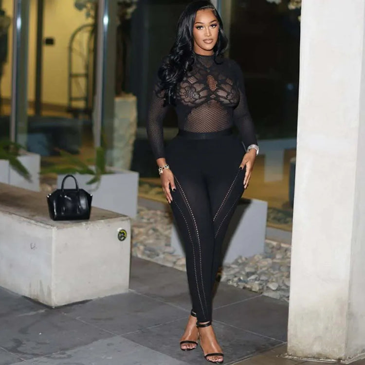 Doyerl Black Bodycon Rompers and Jumpsuits for Woman Long Sleeve See Through Mesh Patchwork Skinny One Piece Catsuit Overalls