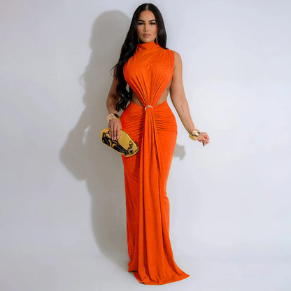 CM.YAYA Women O-neck High Split Ruched Stacked Bodycon Midi Maxi Dress 2024 Evening Party Club Vestidos Sexy Chic Long Dresses