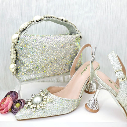 QSGFC 2023 New Fashion Purple Sandals Sequins Rhinestone Point Toe High Heels Slingback Women's Dress Women's Shoes & Bag Set
