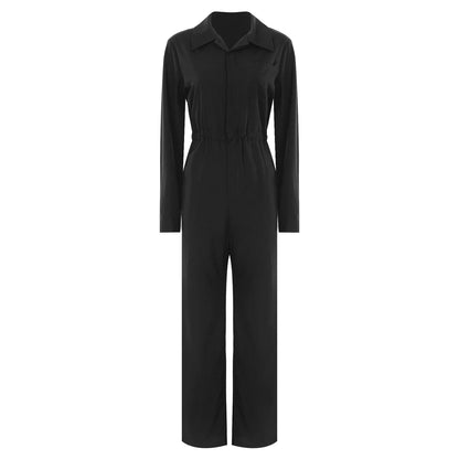 Womens Fashion Work Coverall Rompers Casual Solid Color Turn-Down Collar Long Sleeve Button Jumpsuit Travel Holiday Cargo Pants