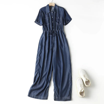 Jumpsuits Women Denim One Piece Turn Down Collar Short Sleeve Loose Casual Wide Leg Long Pants Overalls Tight Waist Rompers