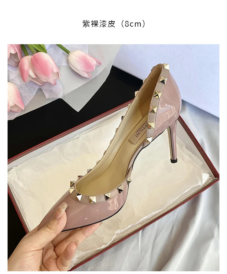 Luxury Brand Women's Shoes Woman Sandals Summer Rivets High Heels Side Empty Female Leather Fashion Prom Ladies Shoes Women 2026